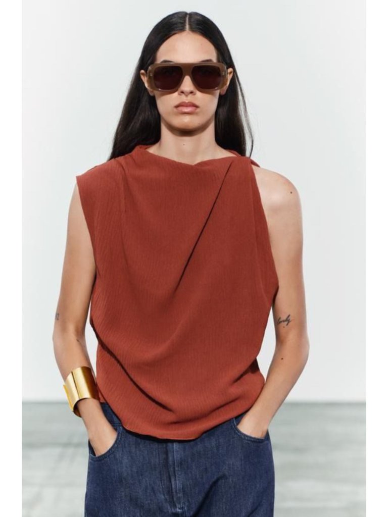 Zara Asymmetric Rustic Top Terracotta Orange Women's Size Medium Flowy Relaxed M